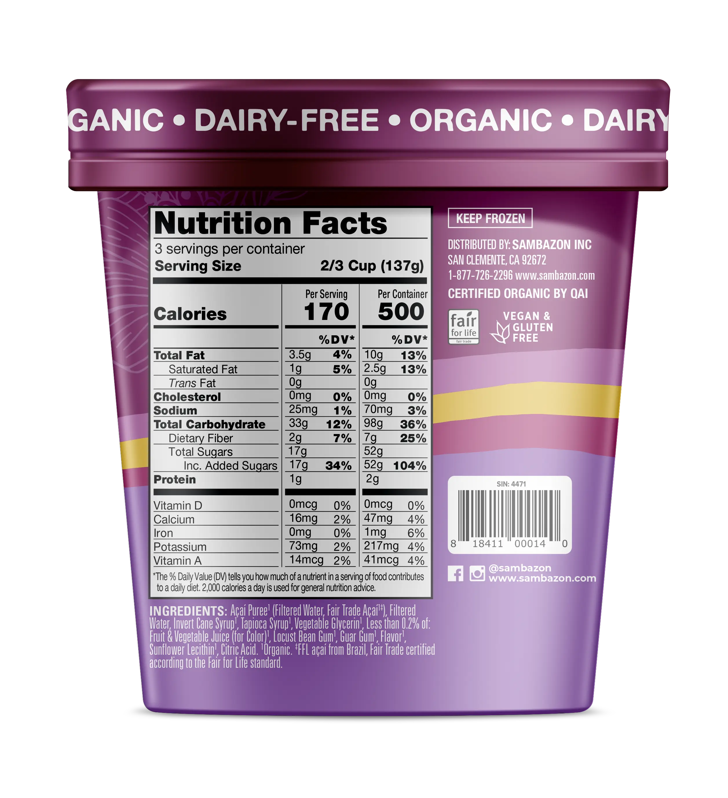 Acai Berry Frozen Sorbet - Back of Packaging