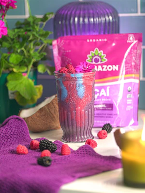 Blue cotton candy smoothie made with organic açaí