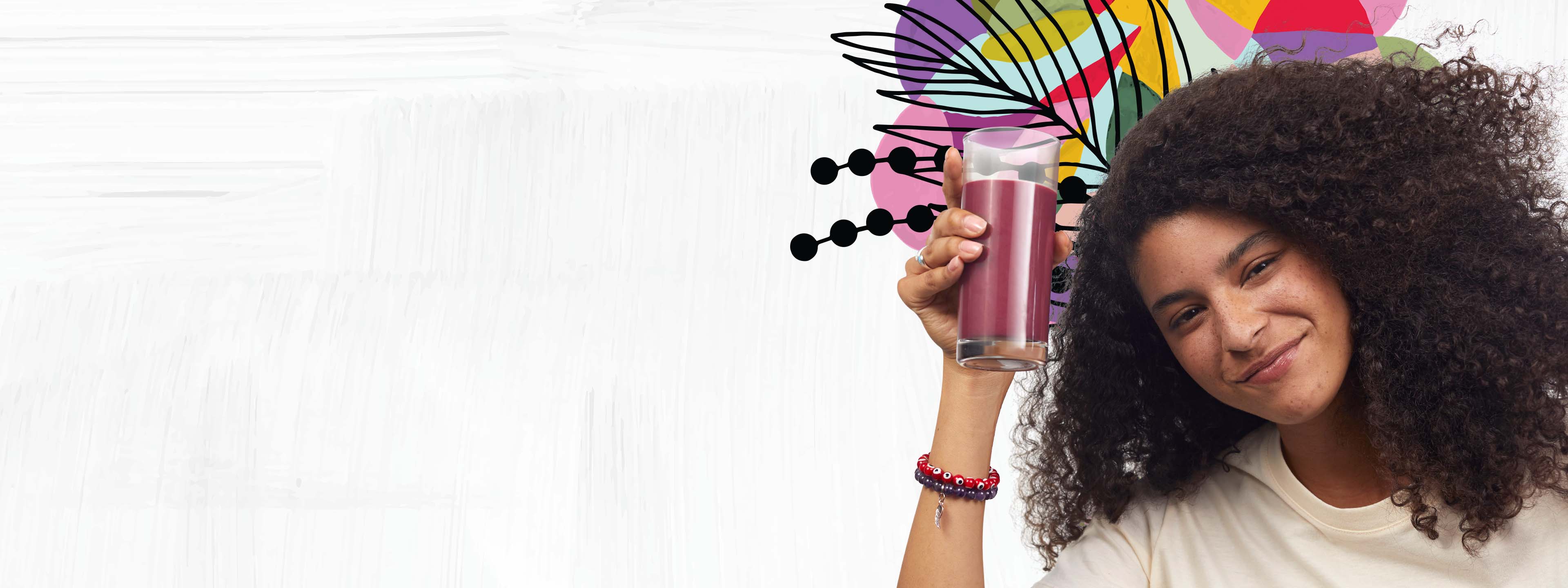 Young curly-haired girl holding glass of acai juice desktop banner