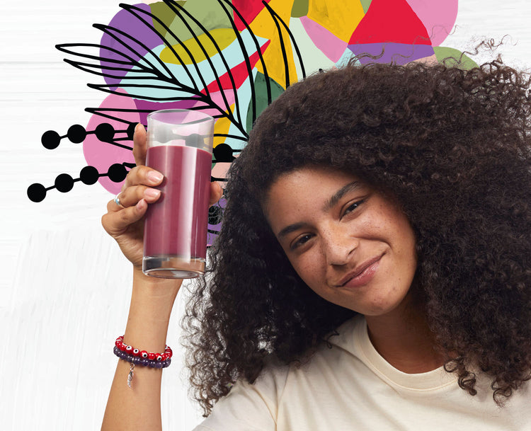 Young curly-haired girl holding glass of acai juice mobile banner