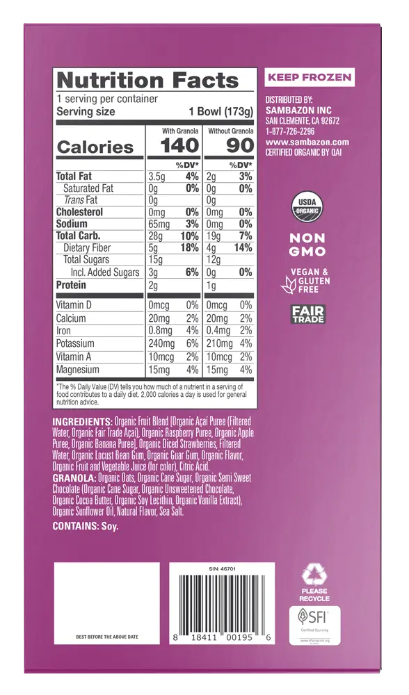 Fruit & Granola Topped Açaí Bowl – Açaí Raspberry Blend - Back of Packaging
