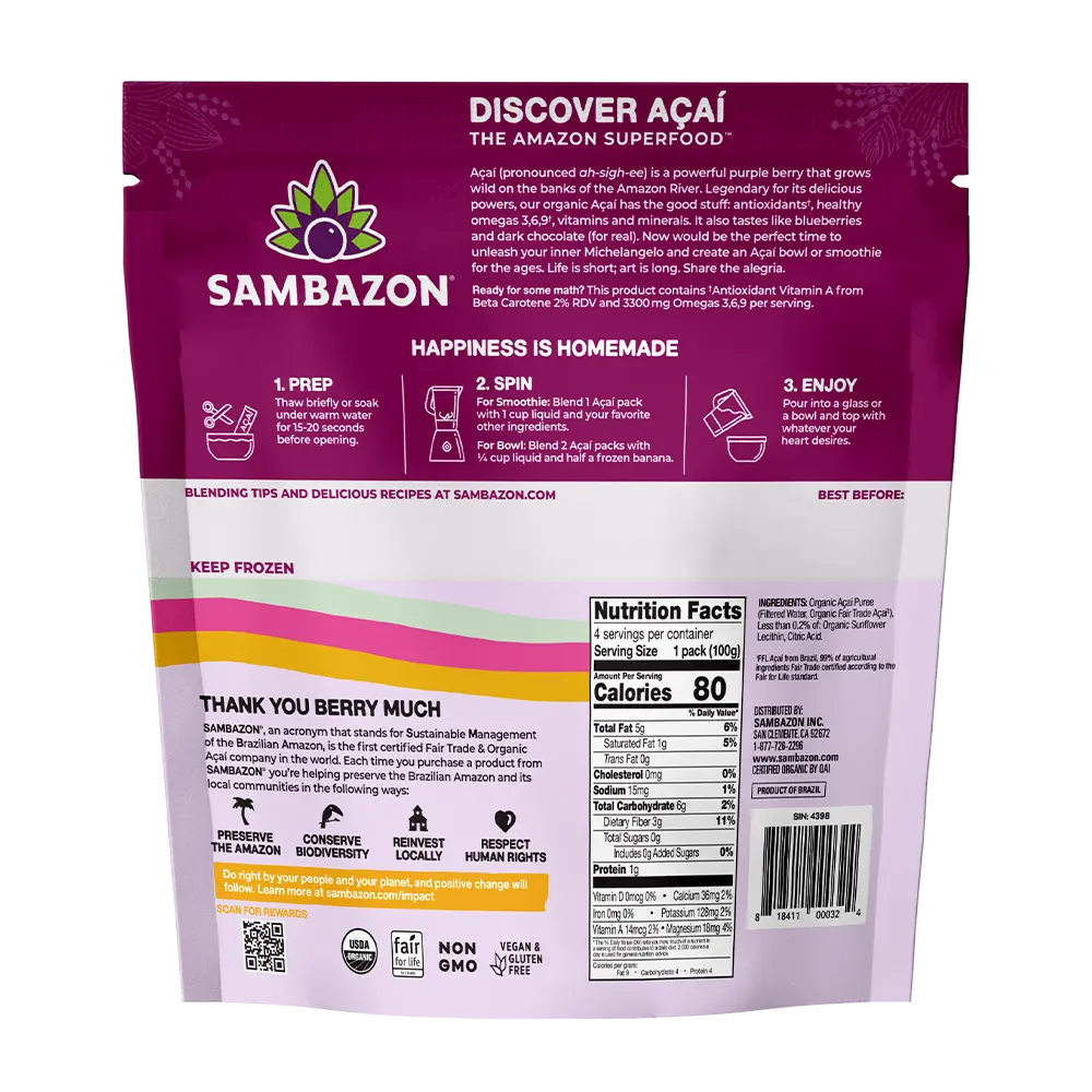 Frozen Acai Puree Unsweetened Packs for Bowls & Smoothies SAMBAZON